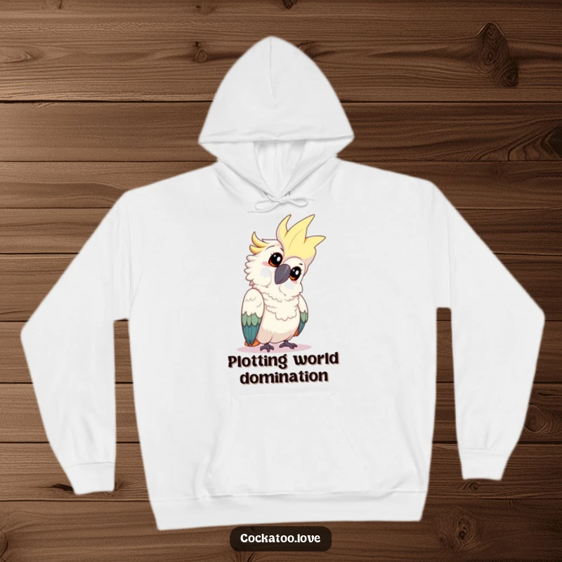 Funny cockatoo hoodie featuring a playful bird tilting its head with an inquisitive expression, exuding a sense of curiosity and gentle contemplation.