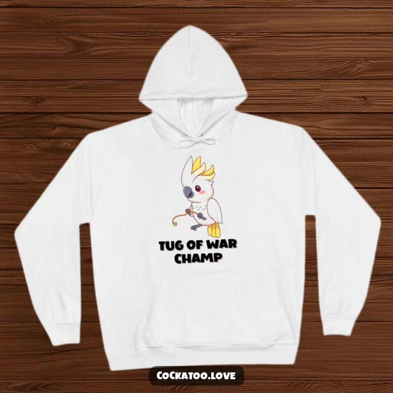 Funny Cockatoo Hoodie: A cockatoo is depicted playfully tugging on a string, showcasing its funny and energetic nature.