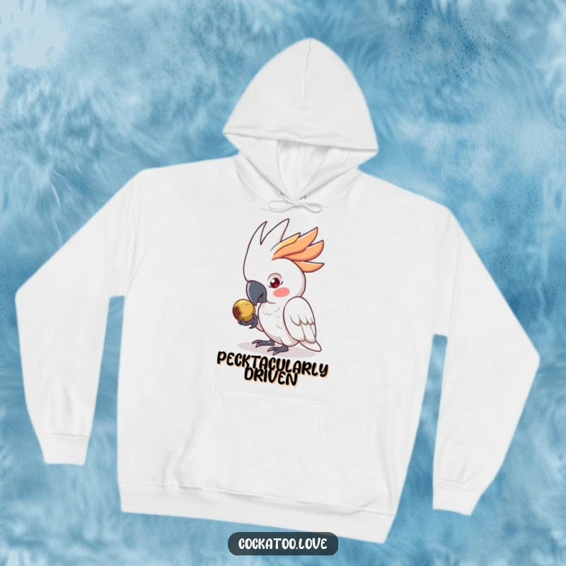 Funny Hoodie showing a determined cockatoo character laser-focused on pecking a seed, an amusing image and a wonderful funny gift.
