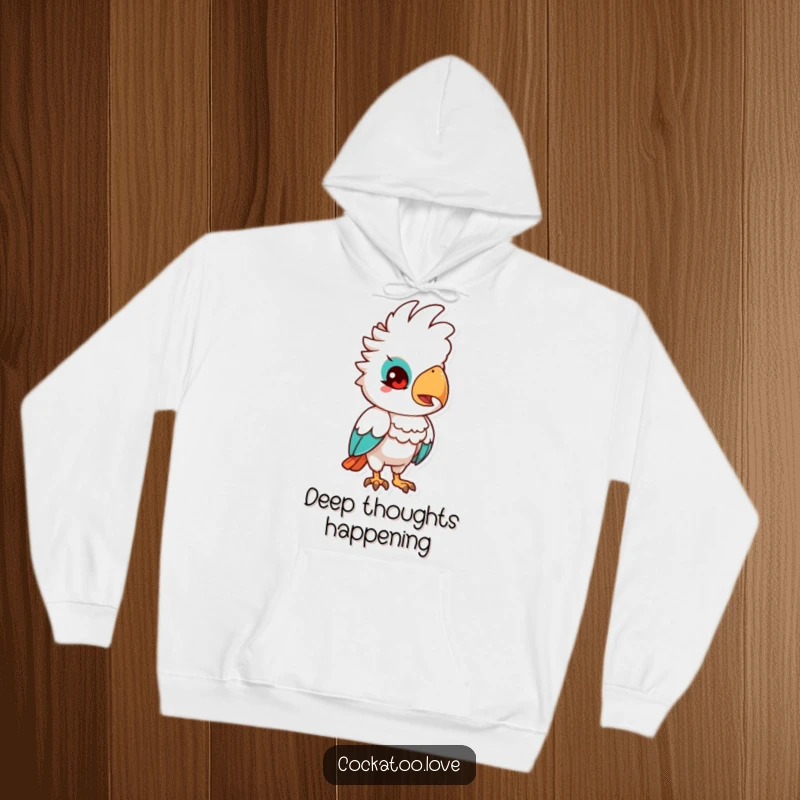 Funny Quizzical Cockatoo Hoodie: Comfortable hoodie with a cockatoo character tilting its head in a quizzical, thoughtful pose.
