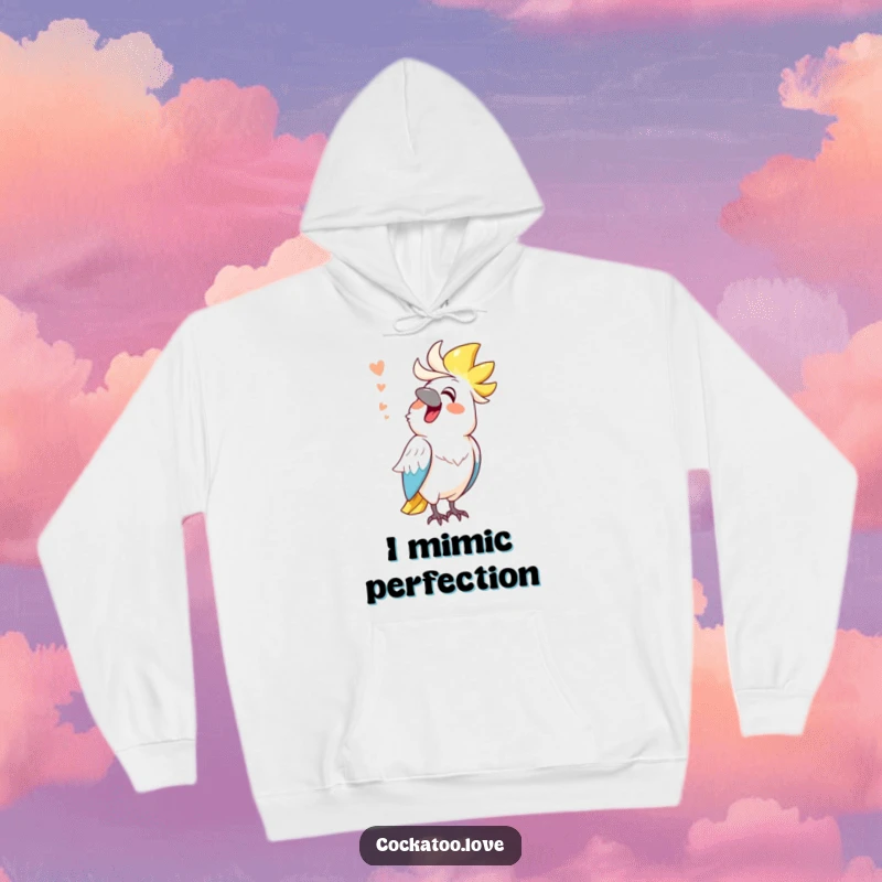 Funny cockatoo hoodie, cheerful bird mimicking a funny sound, cozy apparel, bringing warmth and laughter.