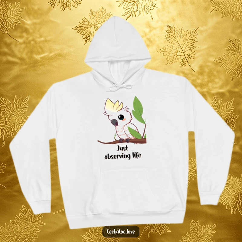 Funny hoodie featuring a curious cockatoo peeking from behind a leaf, perfect for cozy contemplation and a touch of avian humor, a great funny gift.