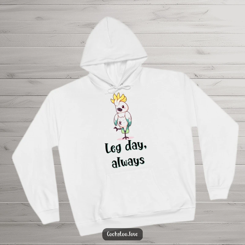Funny Hoodie depicting a cockatoo character balancing playfully on one leg, offering warmth and humor as a fantastic funny gift.