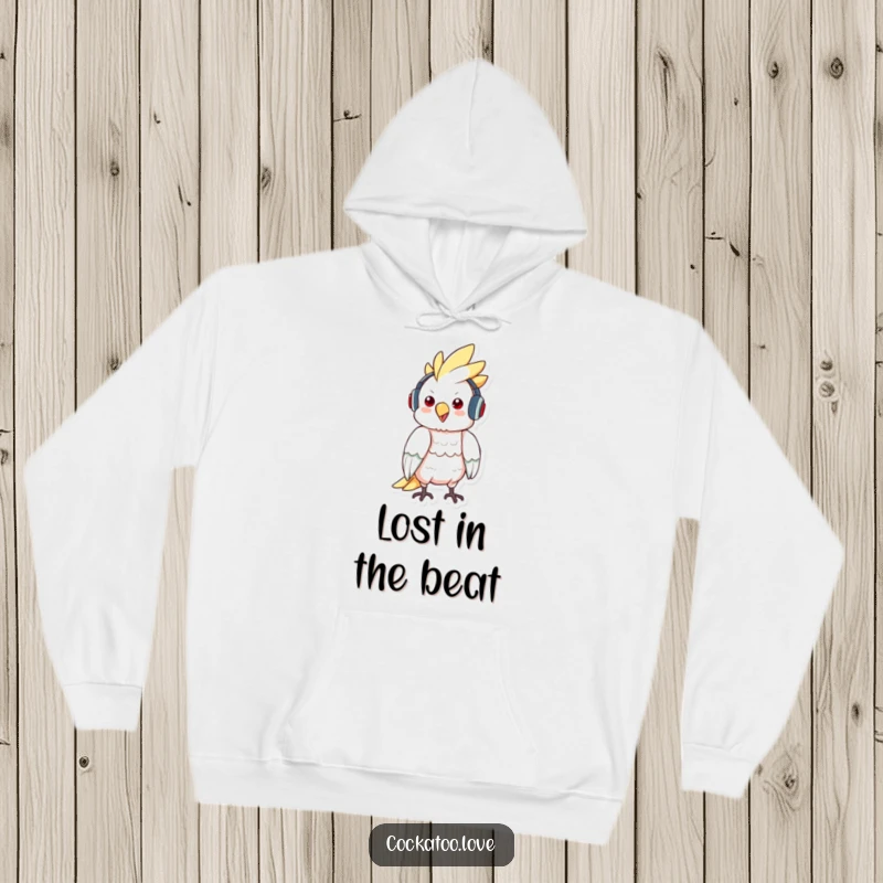 Funny hoodie with a cockatoo wearing headphones, bopping to music, offering comfort and a cool, musical vibe.