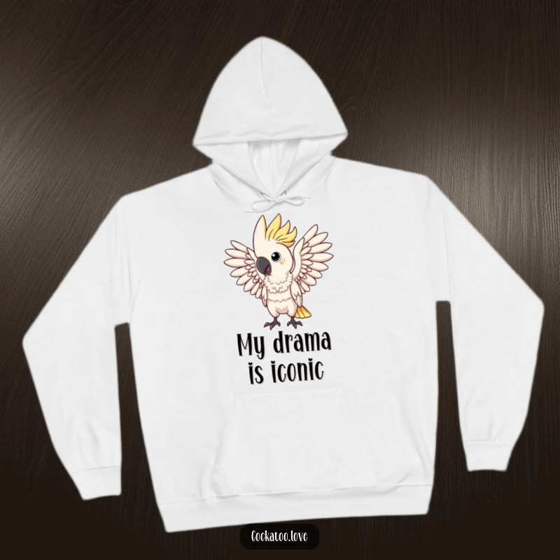 Funny hoodie with a dramatic cockatoo bird striking a pose with wings spread. This cozy apparel is for the theatrical.