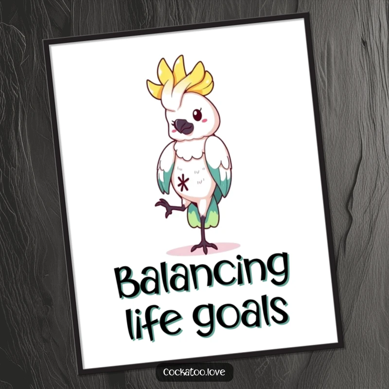 Funny Free Printable Wall Art: Cockatoo balancing playfully on one leg, humorous downloadable decor with a charming bird.