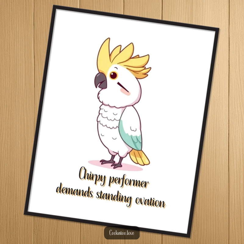 Funny Free Printable Wall Art: A charming cockatoo character captured mid-dance, radiating joy and a silly, kinetic energy.