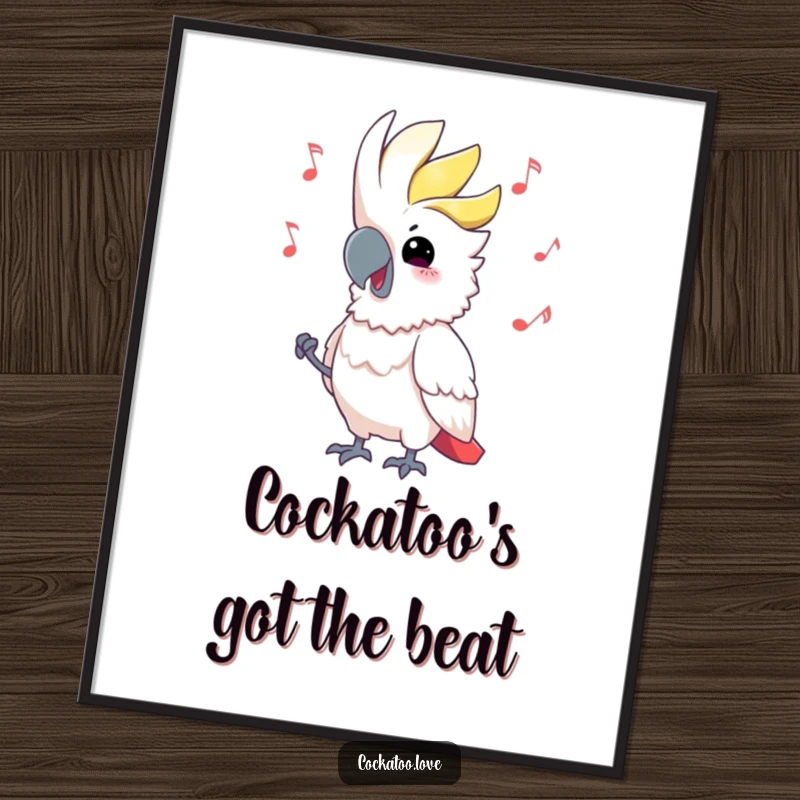 Funny Free Printable Wall Art: Cockatoo blissfully bobbing head to music, captured in a humorous, downloadable art piece.