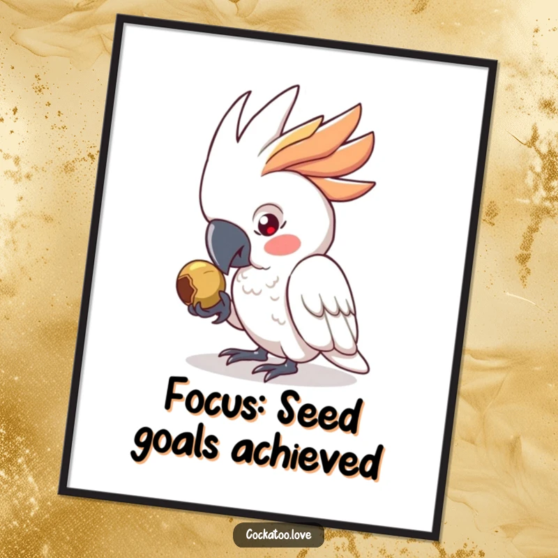 Funny Free Printable Wall Art: Determined cockatoo pecking a seed with intense focus, humorous downloadable decor for a laugh.