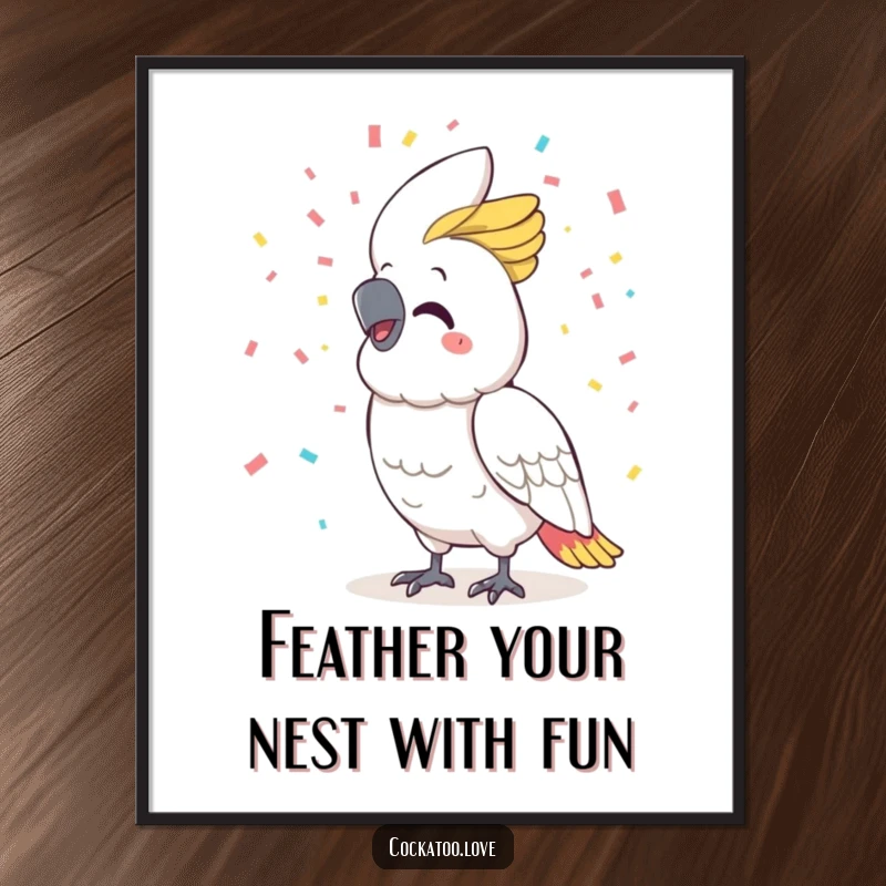 Funny Free Printable Wall Art: A cockatoo with a huge smile gleefully throws confetti, creating a scene of pure delight.