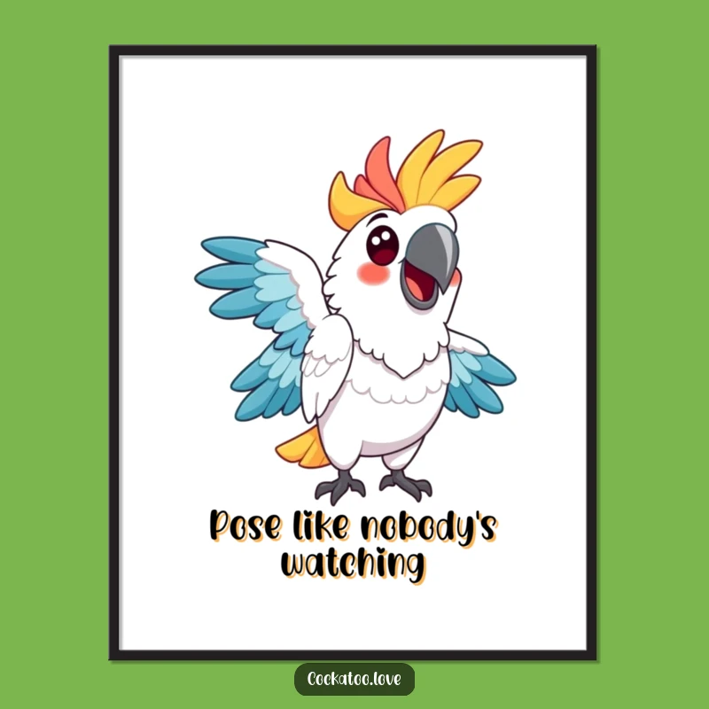 Free Printable Funny Cockatoo Wall Art: Quirky Pose Vibrant Bird Downloadable Decor