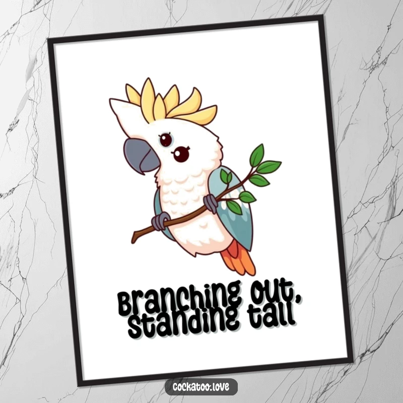 Funny Free Printable Wall Art: Determined cockatoo firmly gripping a tiny, stylized branch with unwavering focus.