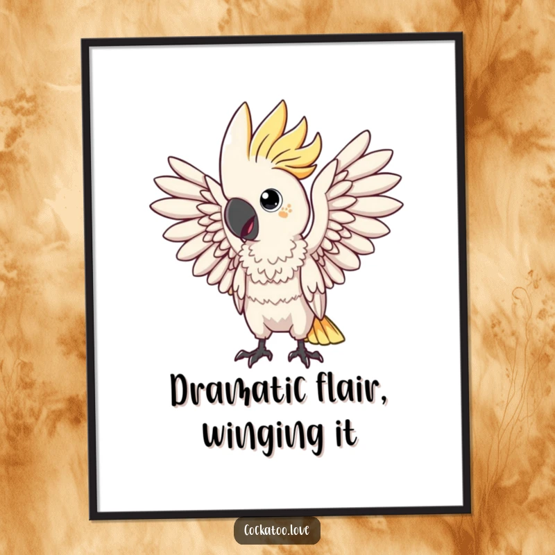 Funny Free Printable Wall Art: Cockatoo character mimicking a dramatic pose with wings spread wide, a flamboyant and eye-catching piece.