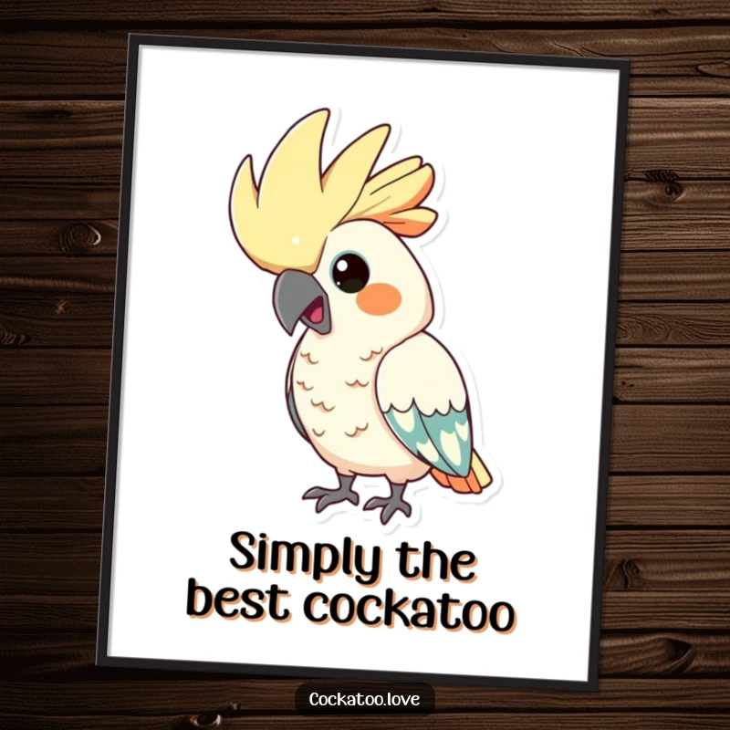 Funny Free Printable Wall Art: Cockatoo character with its crest puffed up, looking comically proud and majestic.