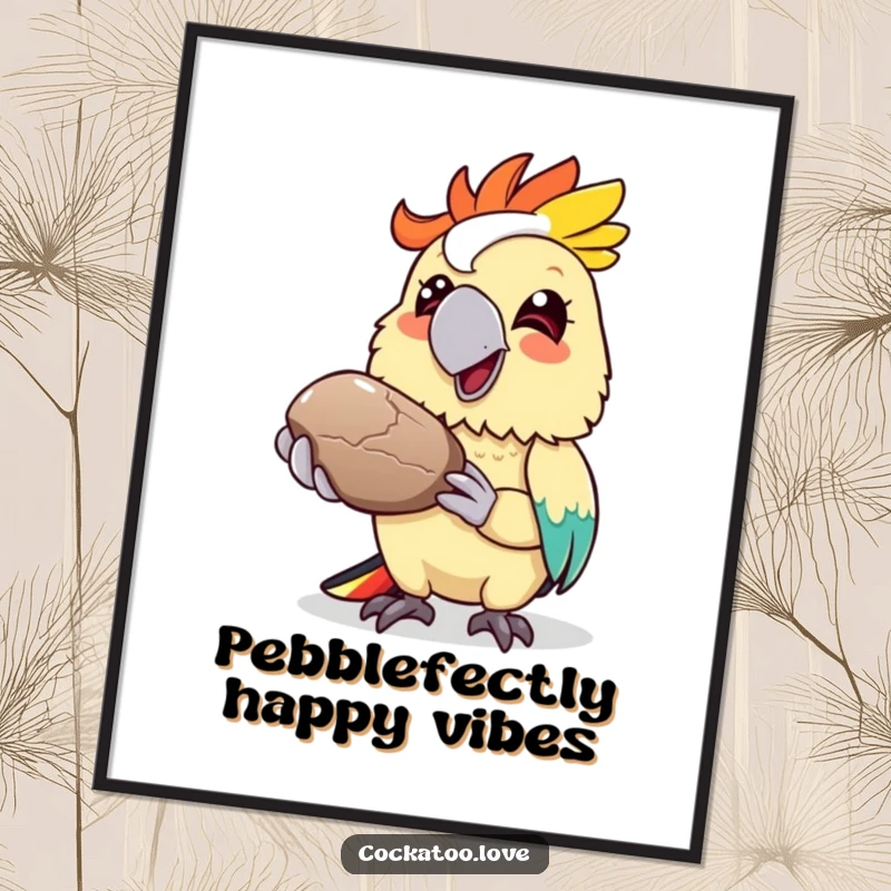 Funny Free Printable Wall Art of a cheerful cockatoo holding out a shiny pebble with a wide, happy grin.