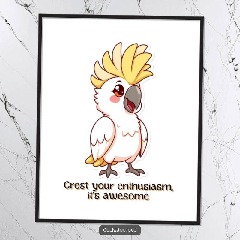Funny Free Printable Wall Art: A cockatoo with its crest dramatically raised, striking a characteristically funny and attention-grabbing pose.