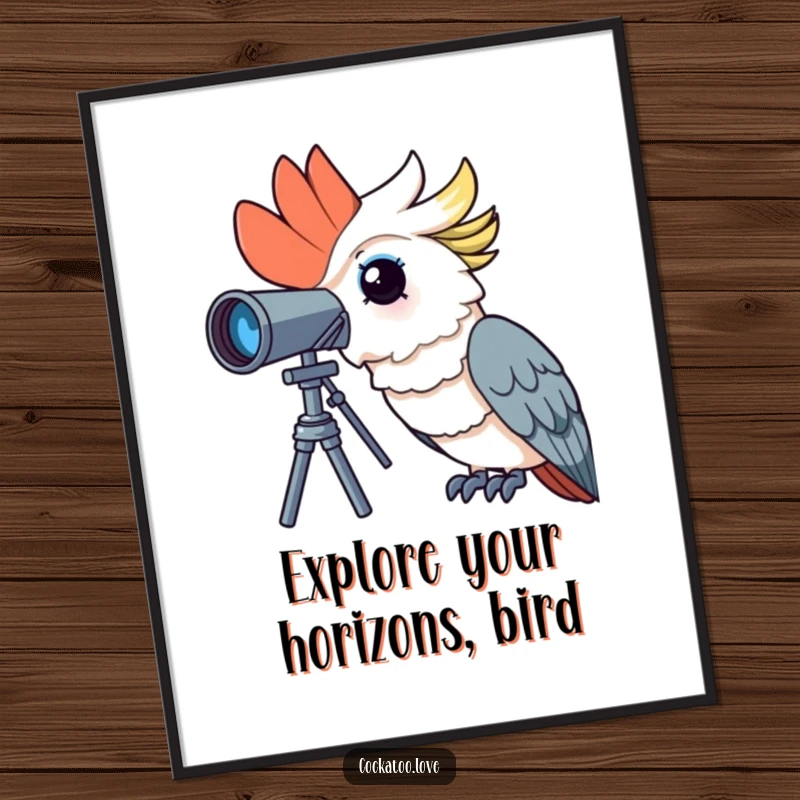 Funny Free Printable Wall Art: A curious cockatoo peers through a telescope filled with wonder, adding whimsical charm.