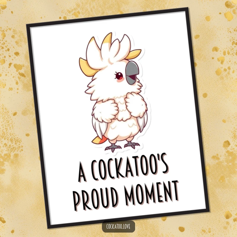 Funny Free Printable Wall Art: a fluffy cockatoo character preening itself with an exaggerated expression of pure delight.