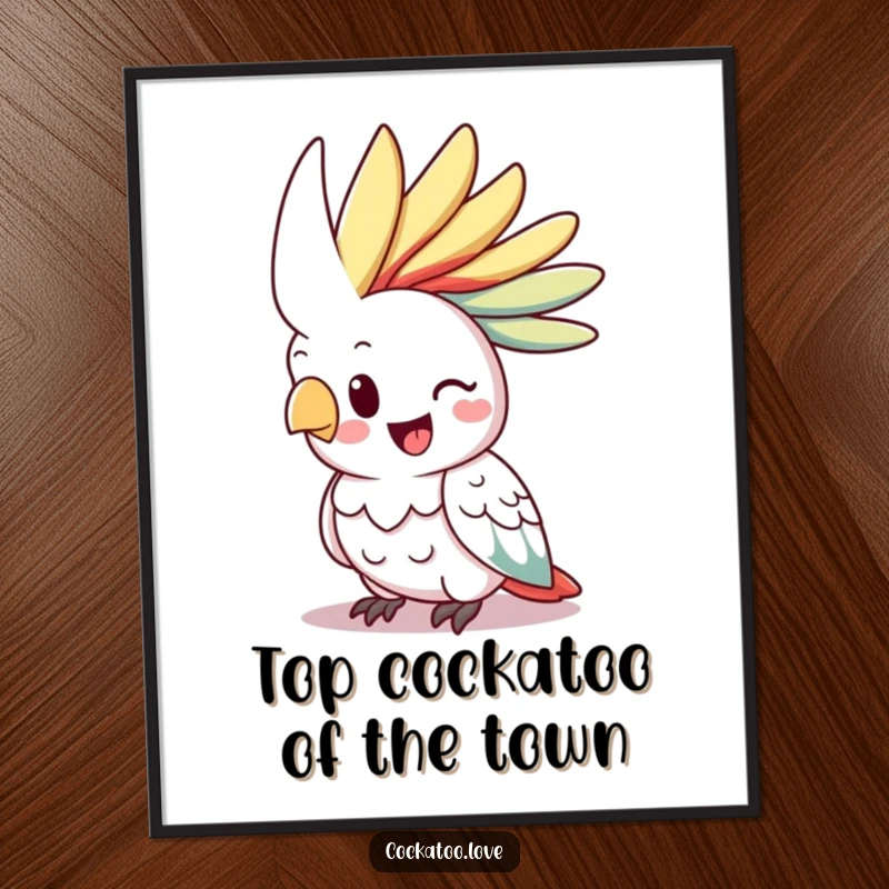 Funny Free Printable Wall Art of a happy cockatoo with a stunning, vibrant crest raised high, full of character.