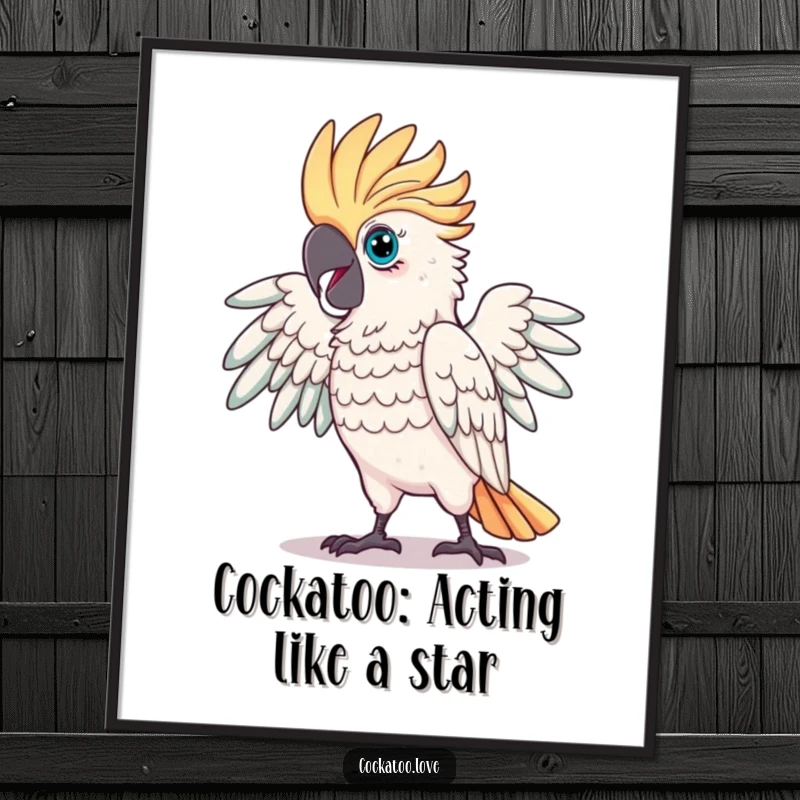 Funny Free Printable Wall Art featuring a proud cockatoo striking a dramatic, glamorous, and attention-grabbing pose.