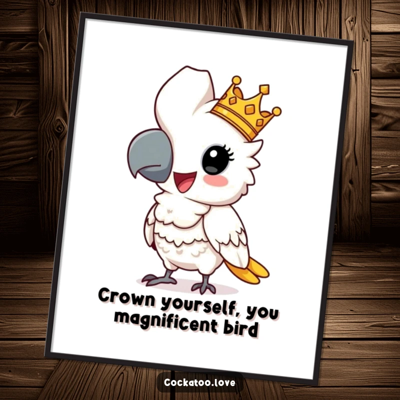 Funny Free Printable Wall Art: A comical cockatoo wearing a tiny crown strikes a regal pose, adding quirky charm to decor.