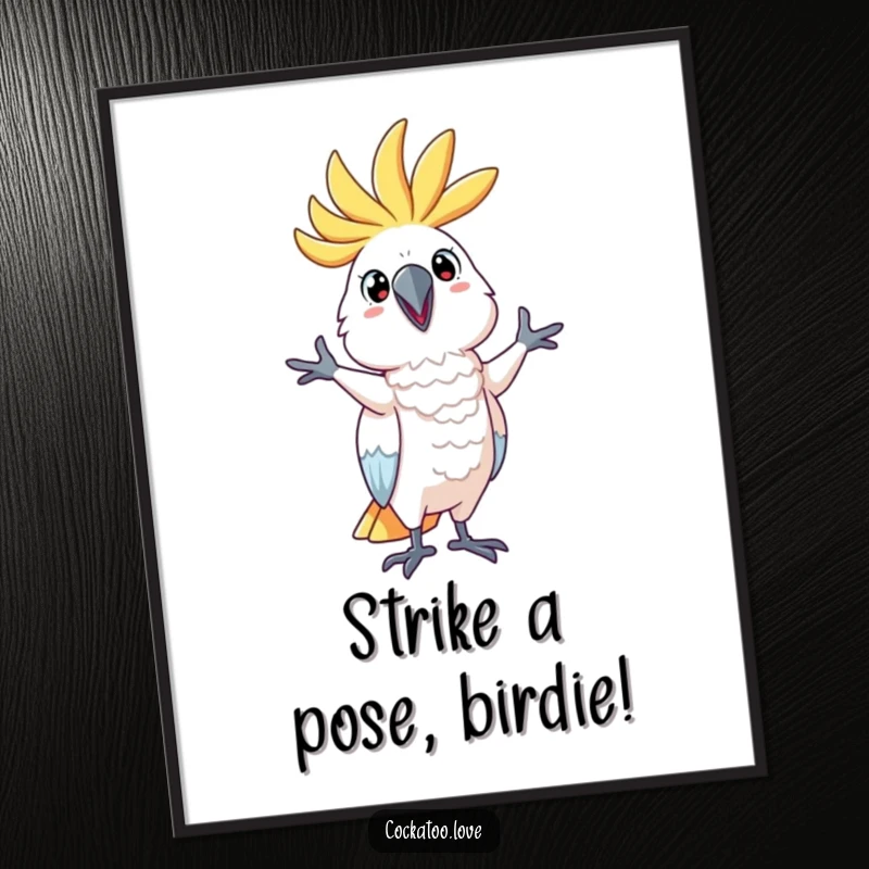 Funny Free Printable Wall Art: Cockatoo striking a playful, silly pose, humorous downloadable decor to liven up any room.