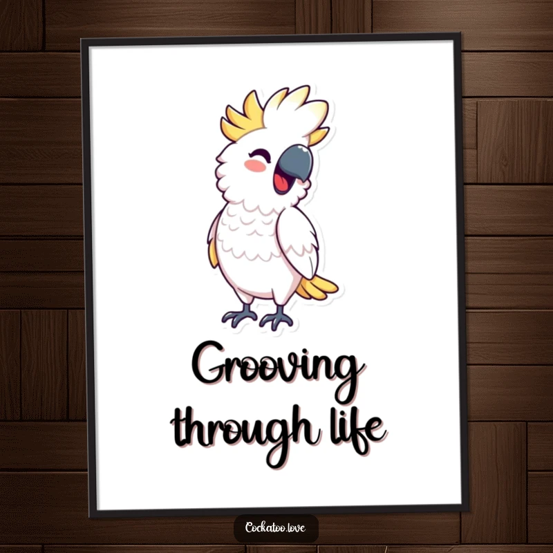 Funny Free Printable Wall Art: Cockatoo bobbing its body rhythmically with a smile, humorous downloadable decor for a cheerful ambiance.