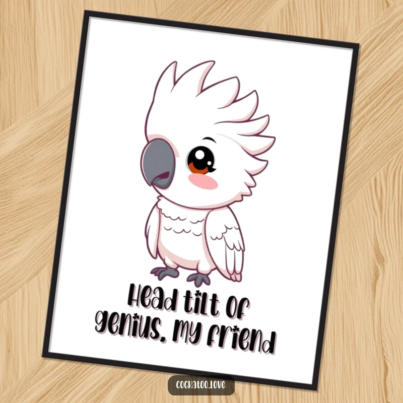 Funny Free Printable Wall Art: A curious cockatoo tilting its head inquisitively, adding a touch of wonder.