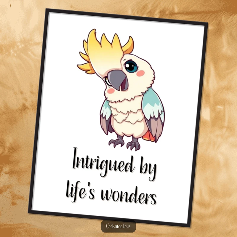 Funny Free Printable Wall Art: A curious cockatoo tilting its head, looking at something with an inquisitive gaze.