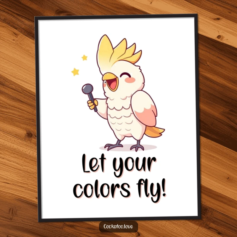 Funny Free Printable cockatoo wall art gleefully mimicking a triumphant singer, ready to perform a show-stopping piece.