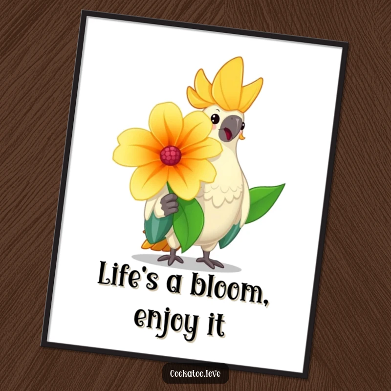 Funny Free Printable Wall Art: A cheerful cockatoo character offers a large, bright flower with a friendly nod, bringing joy.
