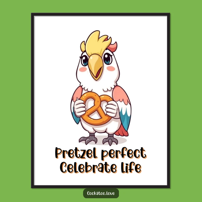 Funny Free Printable Wall Art: Happy Cockatoo Pretzel, Downloadable Snack Decor