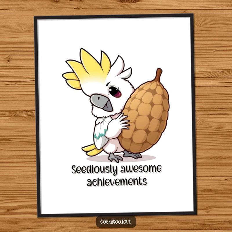 Funny Free Printable Wall Art: Cockatoo character cracking a giant seed with a determined, hilarious grin.