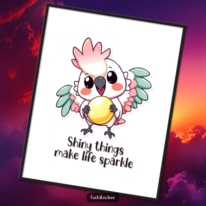 Funny Free Printable Wall Art: A playful cockatoo offering a small, glittering shiny object, full of charm.