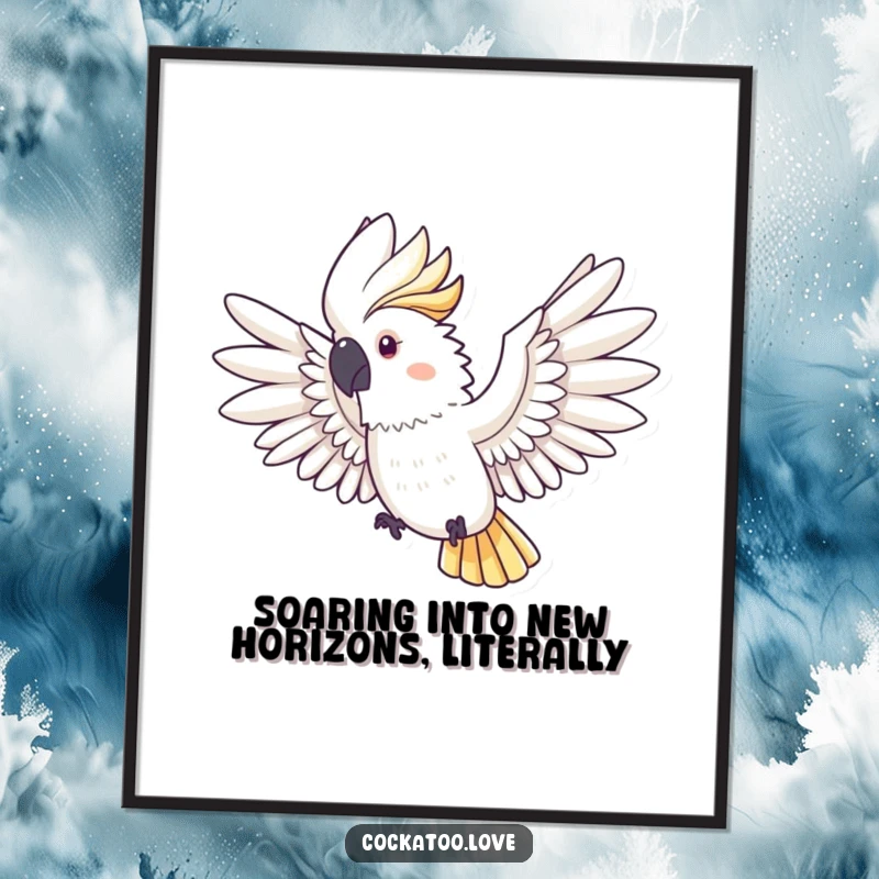 Free Printable Wall Art: A magnificent cockatoo in full flight, wings spread wide against a minimalist background, symbolizing liberation.