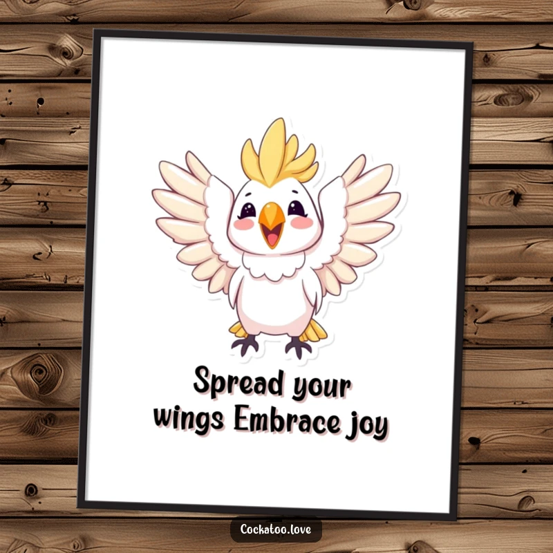 Funny Free Printable Wall Art of a cockatoo with wings spread wide, embodying pure joy and freedom.