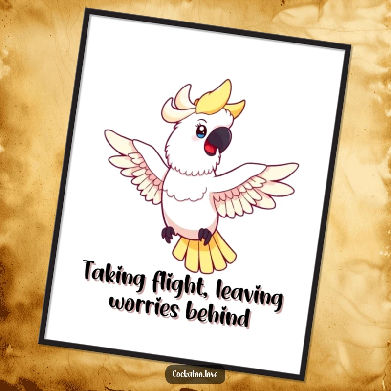 Funny Free Printable Wall Art: Happy cockatoo spread wings, playfully posing mid-flight, bringing cheer to any room.