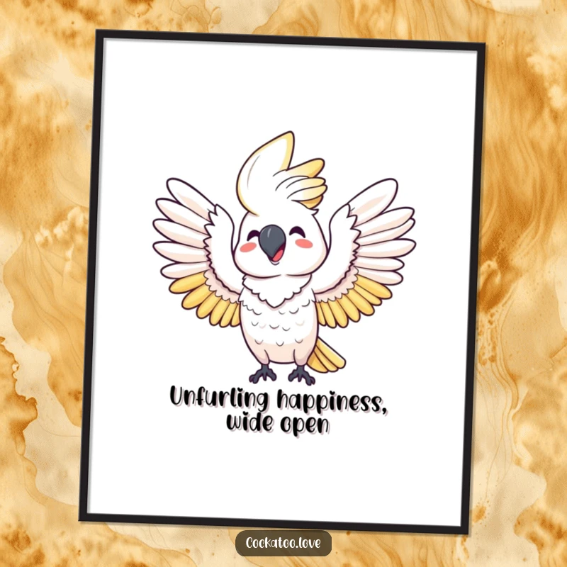 Funny Free Printable Wall Art: A very happy cockatoo stretching its wings wide in a gesture of pure joy.