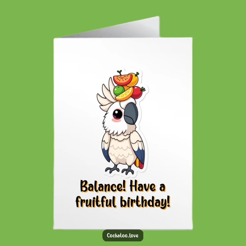 Funny Free Printable Birthday Cockatoo Card: Fruit Balance Gift