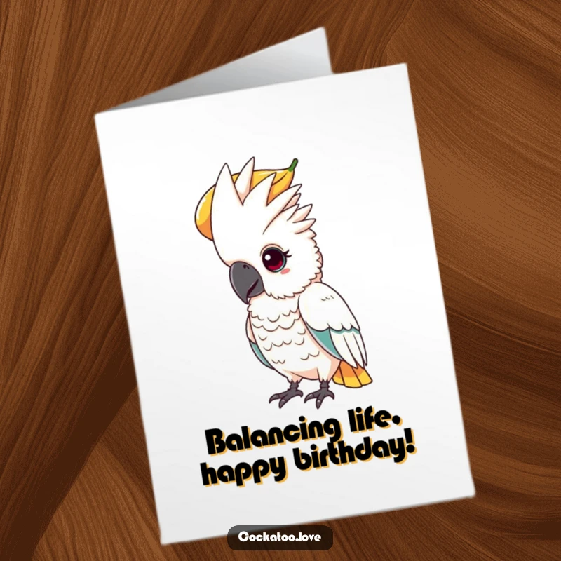 Funny Free Printable Birthday Card: A determined cockatoo intently balancing a large piece of fruit on its head.