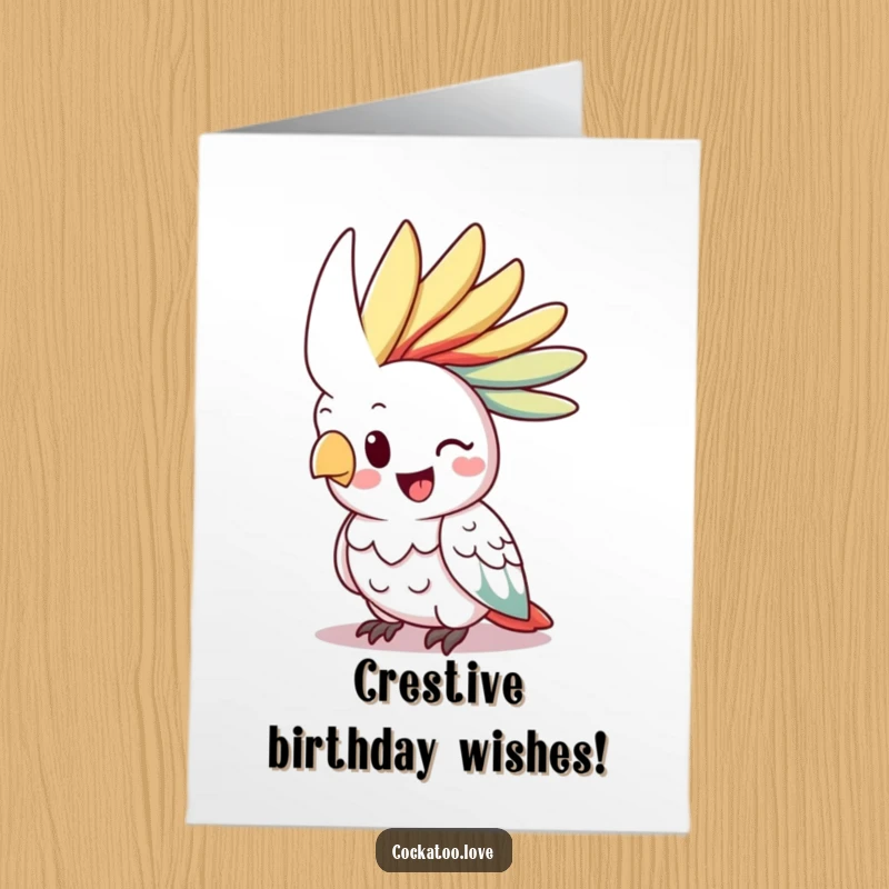 Funny Free Printable Birthday Card featuring a happy cockatoo with a vibrant, raised crest, exuding pure joy.