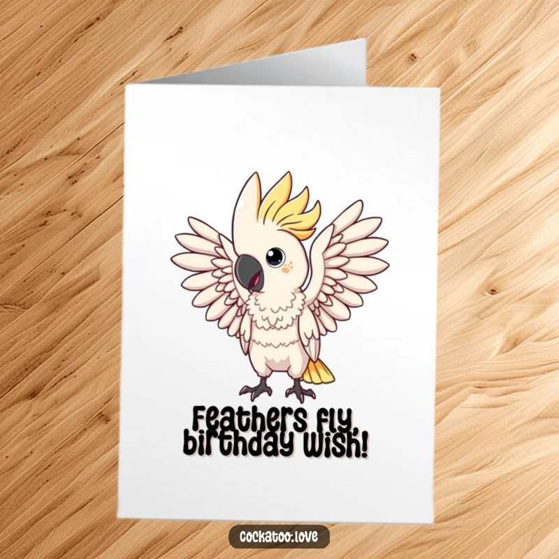 Funny Free Printable Birthday Card: Cockatoo character mimicking a dramatic pose with wings spread wide, ready for a grand birthday.