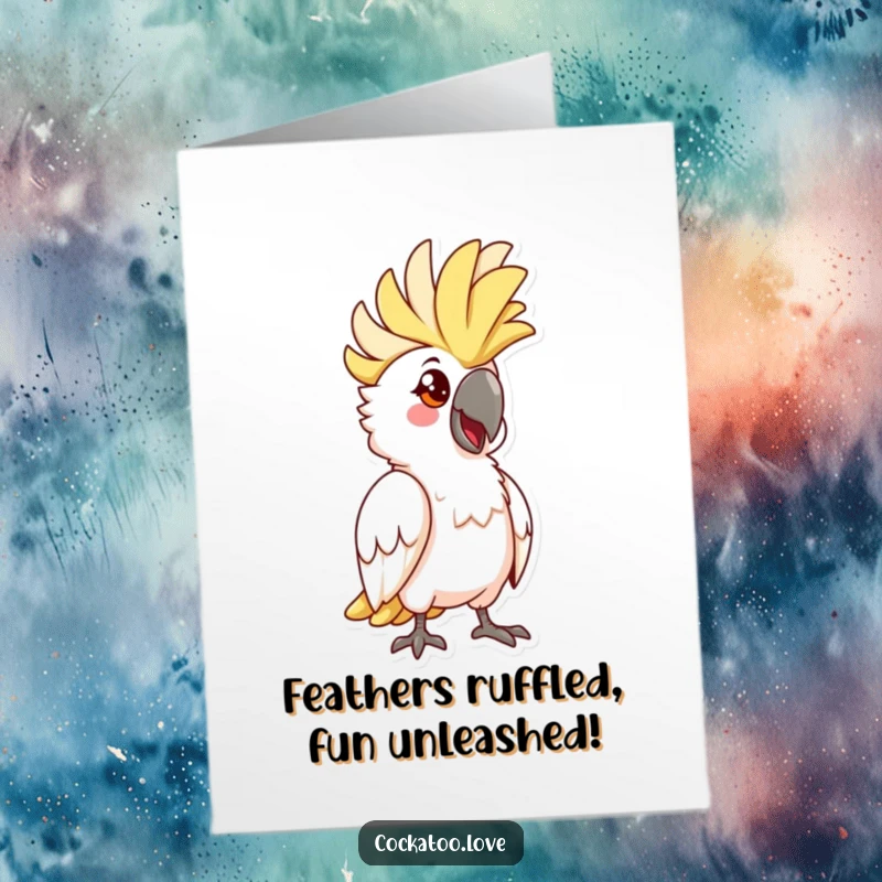 Funny Free Printable Birthday Card: A cockatoo with its crest dramatically raised, striking a comically awkward and memorable pose.
