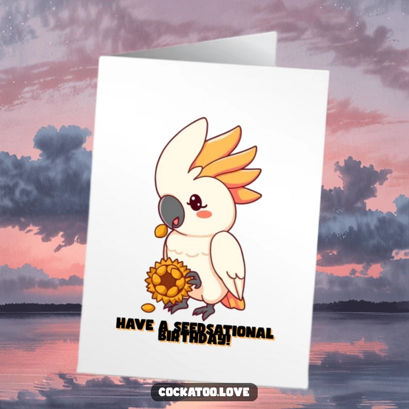 Funny Free Printable Birthday Card: A friendly cockatoo character extending a sunflower seed treat, offering a sweet and humorous birthday wish.