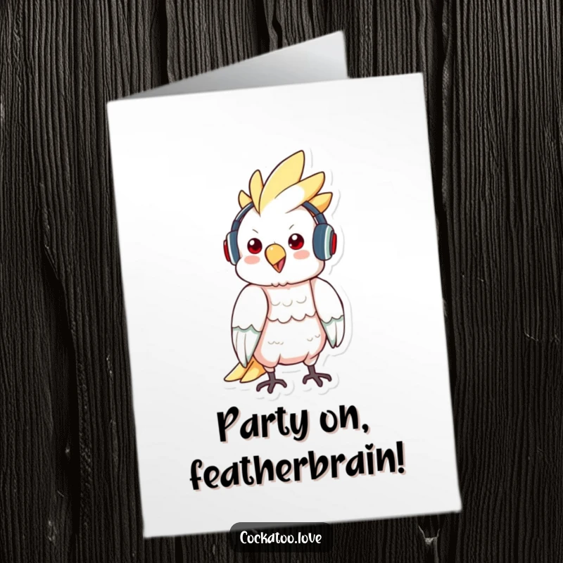 Funny Free Printable Birthday Card with a cockatoo wearing headphones, bopping its head to an imaginary beat.