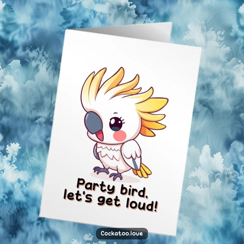 Funny Free Printable Birthday Card: Cute cockatoo energetically bobbing its colorful head with joy.