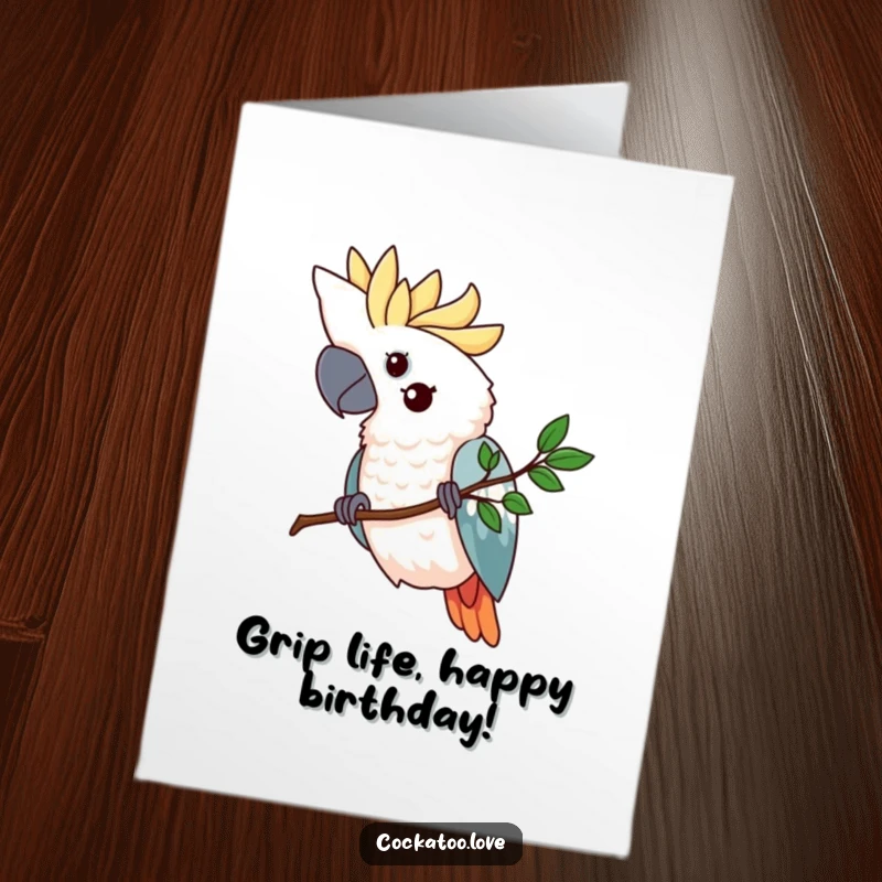 Funny Free Printable Birthday Card: Determined cockatoo firmly gripping a tiny, stylized branch with resolve.