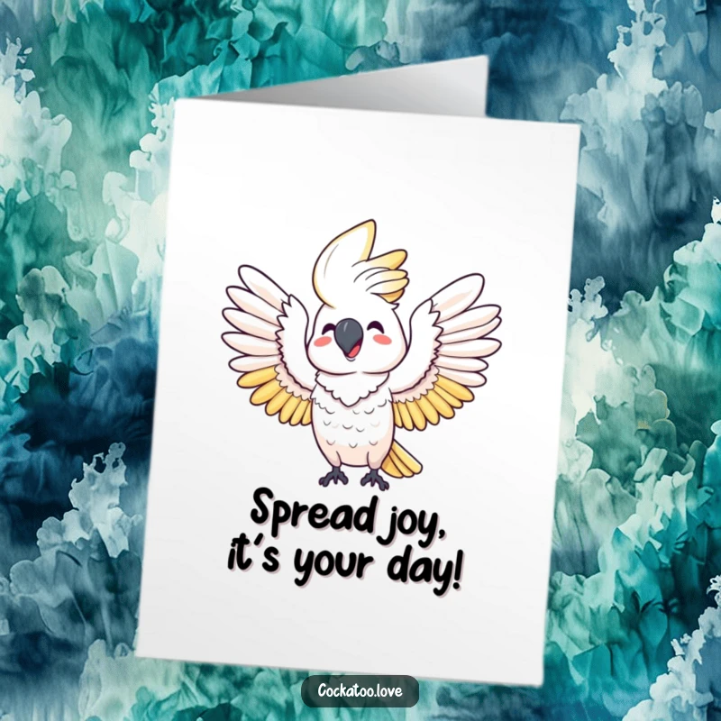 Free Printable Birthday Card: A very happy cockatoo stretching its wings wide to express immense joy.