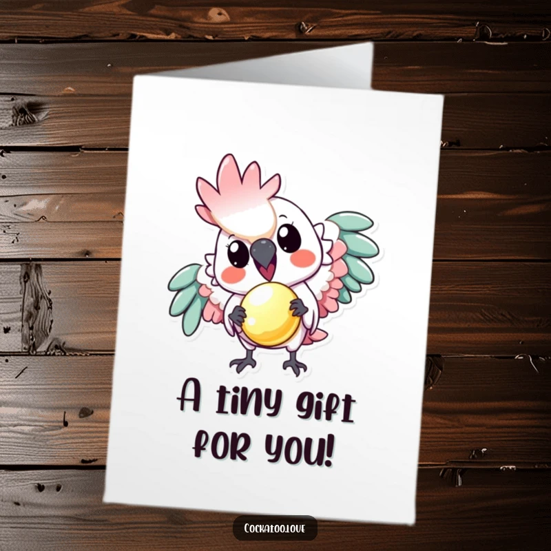 Free Printable Birthday Card: A playful cockatoo extending a tiny, shiny object as a special birthday offering.
