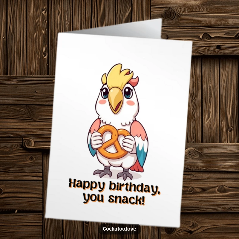 Funny Free Printable Birthday Card featuring a happy cockatoo holding a tiny pretzel, ready to share a snack.